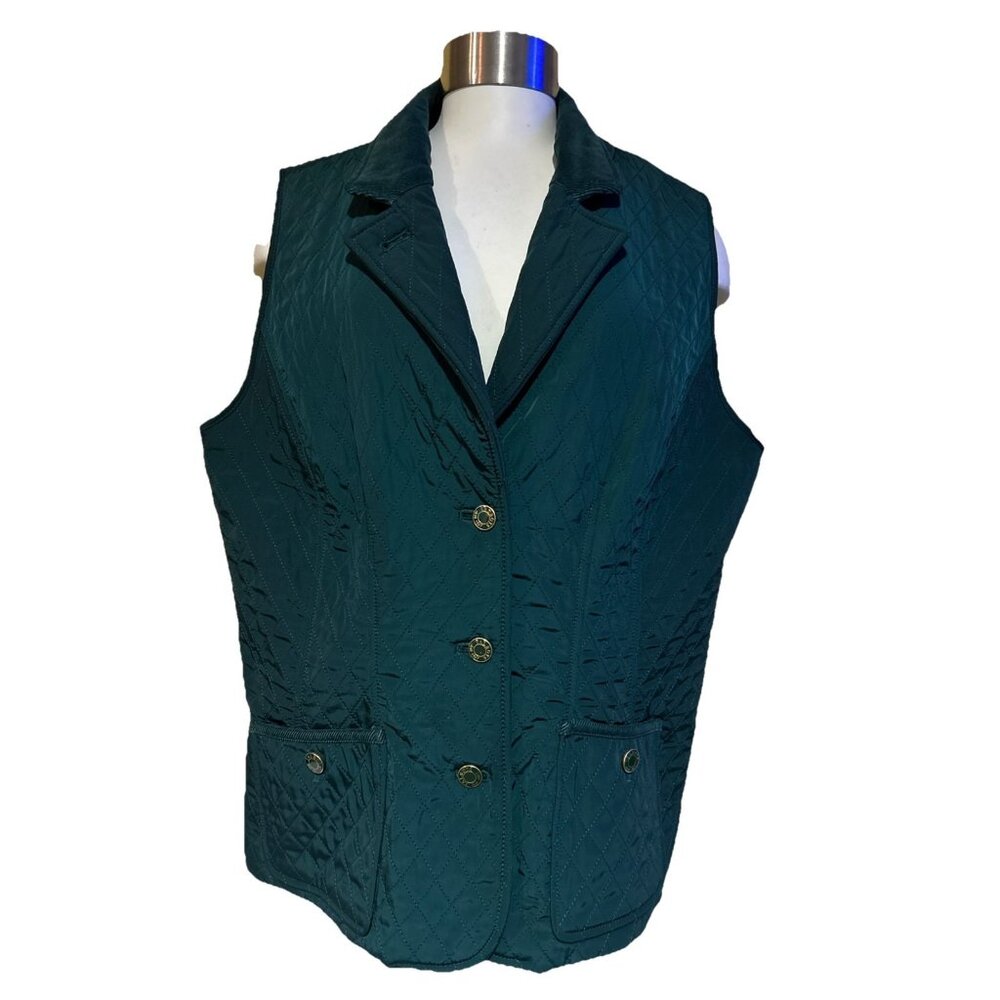 Talbots Plus Size 1X Green Diamond Quilted Vest Equestrian Zip Academia Womens